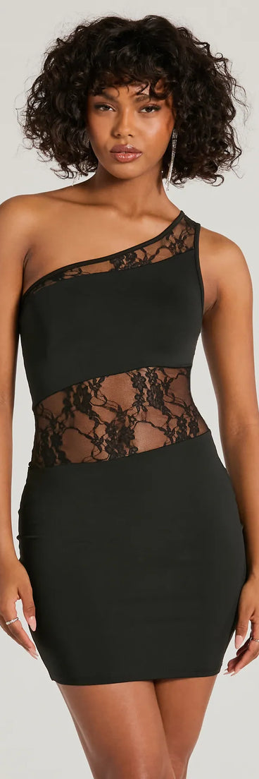Step into winter chic with the Sweet Yet Sexy One-Shoulder Lace Mini Dress, a black mini dress featuring an above-the-knee cut ideal for cocktail parties, festive gatherings, or clubwear.