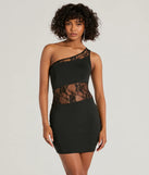 Step into winter chic with the Sweet Yet Sexy One-Shoulder Lace Mini Dress, a black mini dress featuring an above-the-knee cut ideal for cocktail parties, festive gatherings, or clubwear.