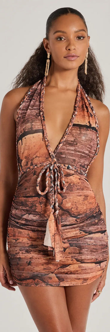 Revamp your 2025 wardrobe with this chic addition, the Style Muse Plunge Halter Braided Tie Mesh Mini Dress in brown, perfect for elevating your style in the new year.