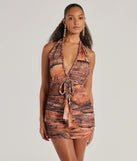 Revamp your 2025 wardrobe with this chic addition, the Style Muse Plunge Halter Braided Tie Mesh Mini Dress in brown, perfect for elevating your style in the new year.