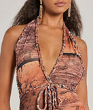 Revamp your 2025 wardrobe with this chic addition, the Style Muse Plunge Halter Braided Tie Mesh Mini Dress in brown, perfect for elevating your style in the new year.