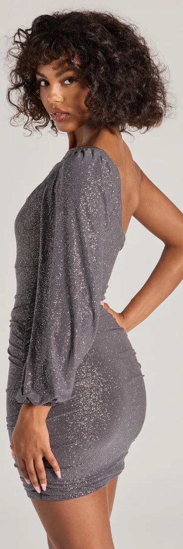 Flaunt your silhouette in the tight Glitzy Status One-Shoulder Glitter Knit Mini Dress in gray, a bodycon dress that empowers your look with bold style and effortless edge.