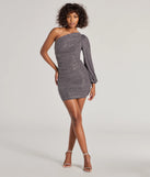 Make a bold statement in the Glitzy Status One-Shoulder Glitter Knit Mini Dress in gray, the perfect spring dress for weddings, cocktail hours, nights out, and/or seasonal celebrations.