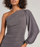 Revamp your 2025 wardrobe with this chic addition, the Glitzy Status One-Shoulder Glitter Knit Mini Dress in gray, perfect for elevating your style in the new year.
