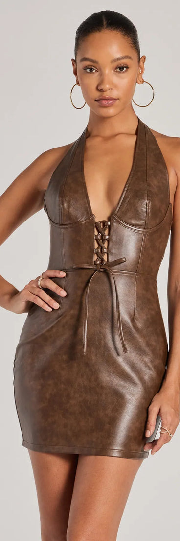 Step into seasonal chic with the Chic And Snatched Faux Leather Corset Mini Dress, a brown mini dress featuring an above-the-knee cut ideal for cocktail parties, festive gatherings, or clubwear.