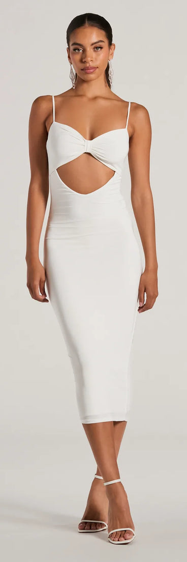 Elevate your winter wardrobe with the Treat Yourself Sleeveless Bow Cutout Midi Dress— a party-ready white cocktail dress featuring seasonal accents and a sophisticated style, ideal for semi-formal holiday events from family dinners to NYE celebrations.