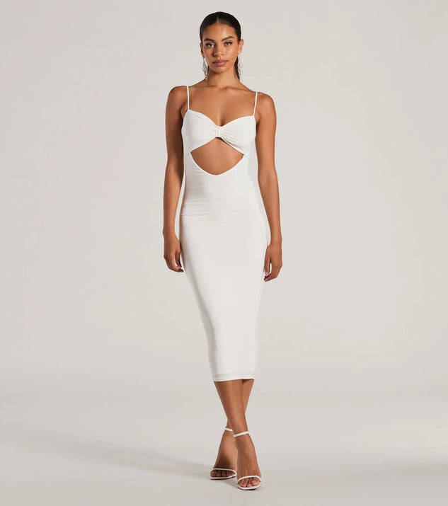 Elevate your winter wardrobe with the Treat Yourself Sleeveless Bow Cutout Midi Dress— a party-ready white cocktail dress featuring seasonal accents and a sophisticated style, ideal for semi-formal holiday events from family dinners to NYE celebrations.
