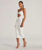 The Treat Yourself Sleeveless Bow Cutout Midi Dress in white combines chic design and festive charm, offering a cocktail dress perfect for winter cocktail parties, work events, and holiday soirées.