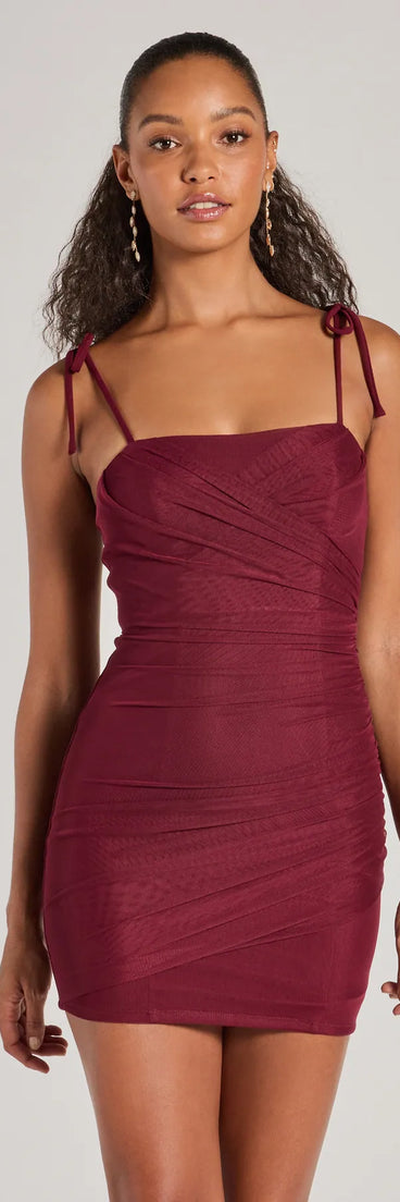 Steal the spotlight in the Glamorous Nights Mesh And Crepe Ruched Mini Dress in wine, a fiery pick from the red homecoming dresses collection designed for bold entrances.