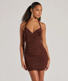 Step into winter chic with the Serving Looks Ruched Knit Bodycon Mini Dress, a brown mini dress featuring an above-the-knee cut ideal for cocktail parties, festive gatherings, or clubwear.