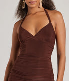 Step into winter chic with the Serving Looks Ruched Knit Bodycon Mini Dress, a brown mini dress featuring an above-the-knee cut ideal for cocktail parties, festive gatherings, or clubwear.