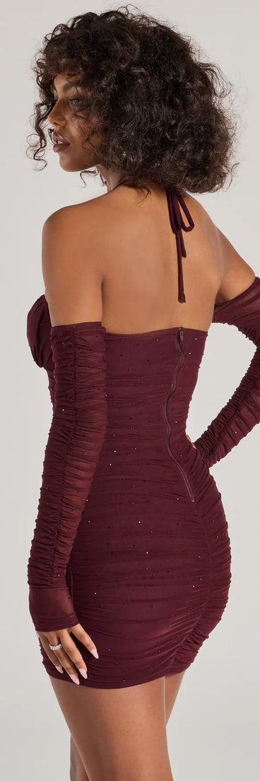 Flaunt your silhouette in the tight Glam Instinct Cold Shoulder Rhinestone Mini Dress in raisin purple, a bodycon dress that empowers your look with bold style and effortless edge.
