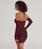 Flaunt your silhouette in the tight Glam Instinct Cold Shoulder Rhinestone Mini Dress in raisin purple, a bodycon dress that empowers your look with bold style and effortless edge.