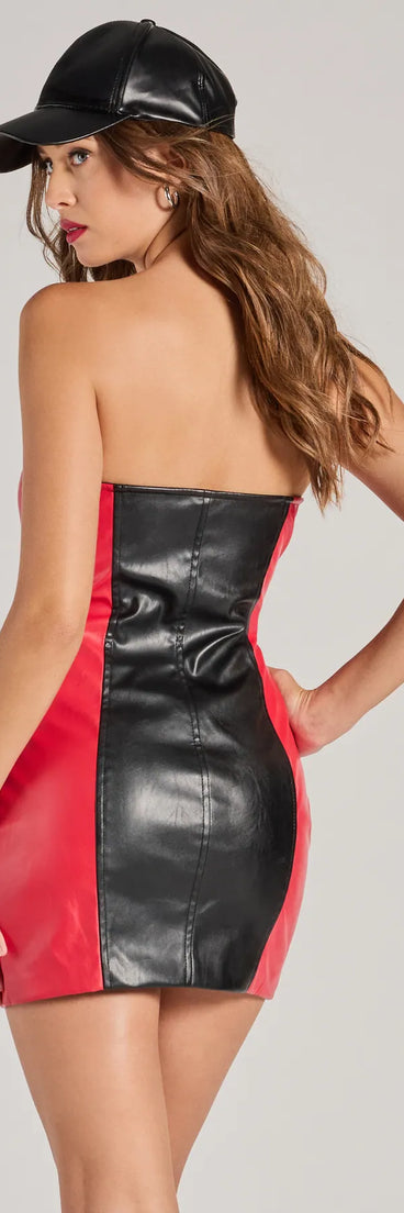 Flaunt your silhouette in the tight Revved Up Racer Faux Leather Mini Dress in black, a bodycon dress that empowers your look with bold style and effortless edge.