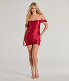 Make a bold statement in the Glam Attire Glitter Satin Off-The-Shoulder Mini Dress in red, the perfect spring dress for weddings, cocktail hours, nights out, and/or seasonal celebrations.