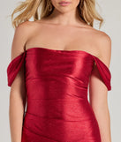Flaunt your silhouette in the tight Glam Attire Glitter Satin Off-The-Shoulder Mini Dress in red, a bodycon dress that empowers your look with bold style and effortless edge.