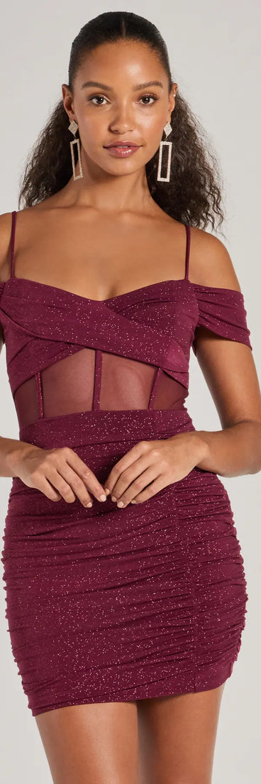 Steal the spotlight in the Sultry Glitz Glitter Cold-Shoulder Mini Dress in wine, a fiery pick from the red homecoming dresses collection designed for bold entrances.