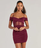 Step into seasonal chic with the Sultry Glitz Glitter Cold-Shoulder Mini Dress, a wine mini dress featuring an above-the-knee cut ideal for cocktail parties, festive gatherings, or clubwear.