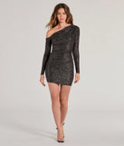 Make a bold statement in the Glitzy Era Asymmetrical Long Sleeve Glitter Mini Dress in black, the perfect summer dress for weddings, cocktail hours, nights out, and/or seasonal celebrations.