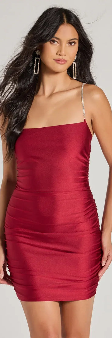 Steal the spotlight in the Stunning Sophistication Rhinestone Mini Dress in wine, a fiery pick from the red homecoming dresses collection designed for bold entrances.