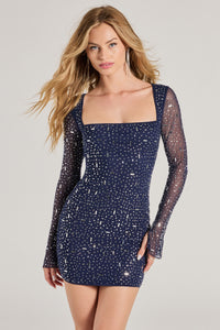 embellished long sleeve angled hem mini dress in blue Embellished Long Sleeve Angled Hem Mini Dress in Blue - Size UK 10 - 49.60