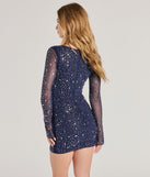 Flaunt your silhouette in the tight Dazzling Glam Long Sleeve Rhinestone Mesh Mini Dress in navy blue, a bodycon dress that empowers your look with bold style and effortless edge.