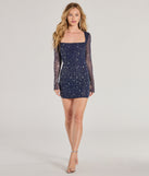 Make a bold statement in the Dazzling Glam Long Sleeve Rhinestone Mesh Mini Dress in navy blue, the perfect fall dress for weddings, cocktail hours, nights out, and/or seasonal celebrations.