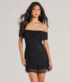 Step into winter chic with the Sparkling Luxe Rhinestone Mesh Off-The-Shoulder Mini Dress, a black mini dress featuring an above-the-knee cut ideal for cocktail parties, festive gatherings, or clubwear.
