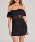 Step into seasonal chic with the V.I.P Chic Off-The-Shoulder Mesh Mini Dress, a black mini dress featuring an above-the-knee cut ideal for cocktail parties, festive gatherings, or clubwear.