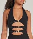 Revamp your 2025 wardrobe with this chic addition, the Bold Cutie Halter Buckle Crepe Mini Dress in black, perfect for elevating your style in the new year.