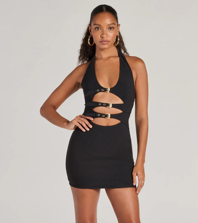 maliha buttercup bandage halter mini dress Bold Cutie Halter Buckle Crepe Mini Dress