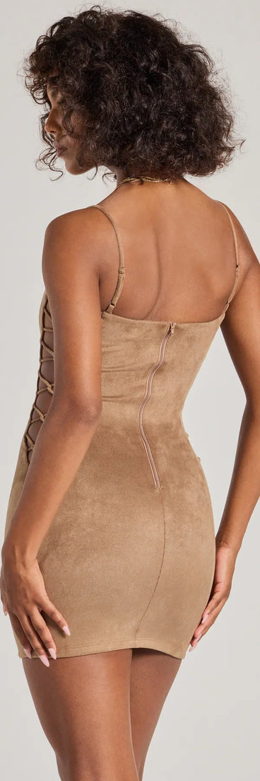 Whether you're headed to brunch or running errands, the Alluring Moment Faux Suede Lattice Cutout Mini Dress in tan delivers effortless style in a breathable, go-to casual dress.