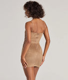 Whether you're headed to brunch or running errands, the Alluring Moment Faux Suede Lattice Cutout Mini Dress in tan delivers effortless style in a breathable, go-to casual dress.