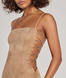 Make a bold statement in the Alluring Moment Faux Suede Lattice Cutout Mini Dress in tan, the perfect spring dress for weddings, cocktail hours, nights out, and/or seasonal celebrations.
