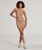 Revamp your 2025 wardrobe with this chic addition, the Alluring Moment Faux Suede Lattice Cutout Mini Dress in tan, perfect for elevating your style in the new year.