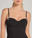 Step into seasonal chic with the Endless Glam Rhinestone Bow Corset Crepe Mini Dress, a black mini dress featuring an above-the-knee cut ideal for cocktail parties, festive gatherings, or clubwear.