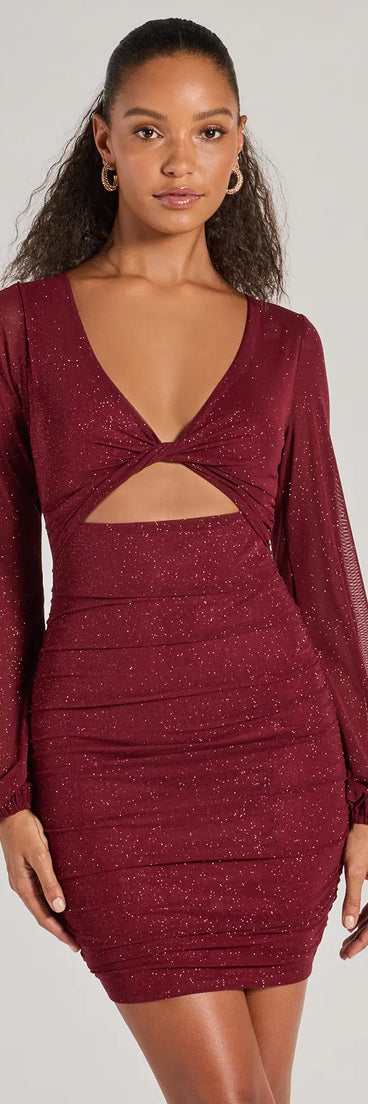 Steal the spotlight in the Glam Energy Glitter Mesh Cutout Mini Dress in burgundy, a fiery pick from the red homecoming dresses collection designed for bold entrances.