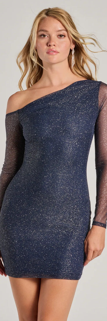 Go For Glam Glitter Mesh One-Shoulder Mini Dress, a trendy navy blue mini dress featuring modern details and a fresh seasonal hue, perfect for creating chic 2025 looks.