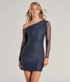 Go For Glam Glitter Mesh One-Shoulder Mini Dress, a trendy navy blue mini dress featuring modern details and a fresh seasonal hue, perfect for creating chic 2025 looks.