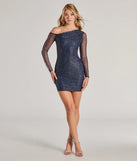 Make a bold statement in the Go For Glam Glitter Mesh One-Shoulder Mini Dress in navy blue, the perfect summer dress for weddings, cocktail hours, nights out, and/or seasonal celebrations.
