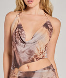 Bring high-impact style to your nightlife in the Sultry O-Ring Cutout Abstract Print Mesh Mini Dress, a bold taupe club dress made for dancing, parties, and unforgettable nights.