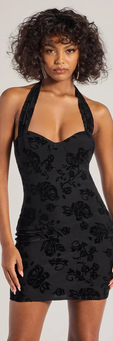 Heart Breaker Velvet Floral Pattern Halter Mini Dress, a trendy black mini dress featuring modern details and a fresh seasonal hue, perfect for creating chic 2025 looks.