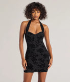 Heart Breaker Velvet Floral Pattern Halter Mini Dress, a trendy black mini dress featuring modern details and a fresh seasonal hue, perfect for creating chic 2025 looks.