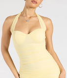 Flaunt your silhouette in the tight Always Effortless Halter Bodycon Mini Dress in yellow, a bodycon dress that empowers your look with bold style and effortless edge.