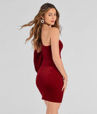 Flaunt your silhouette in the tight Luxe Alluring Glitter Velvet One-Shoulder Mini Dress in red, a bodycon dress that empowers your look with bold style and effortless edge.