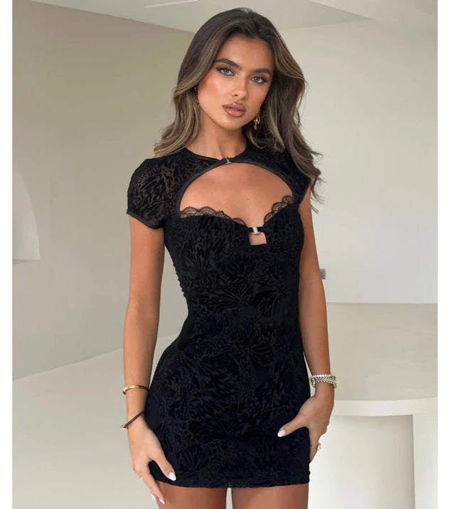 Sultry Mood Flocked Floral Mesh Cutout Mini Dress