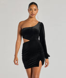 Spotlight Shine Long Sleeve Velvet Glitter Mini Dress, a trendy black mini dress featuring modern details and a fresh seasonal hue, perfect for creating chic 2025 looks.