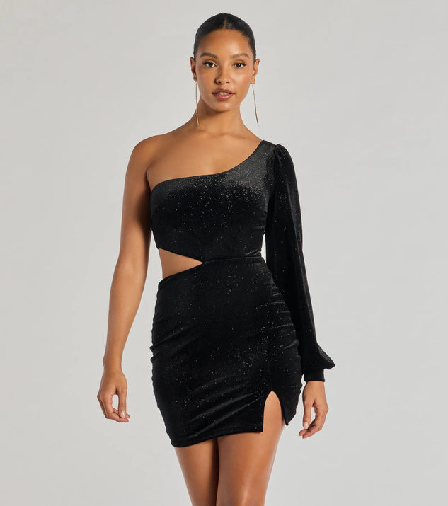 Spotlight Shine Long Sleeve Velvet Glitter Mini Dress, a trendy black mini dress featuring modern details and a fresh seasonal hue, perfect for creating chic 2025 looks.