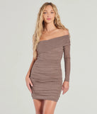 Glimmer Nights Off-The-Shoulder Glitter Mini Dress, a trendy taupe mini dress featuring modern details and a fresh seasonal hue, perfect for creating chic 2025 looks.
