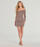 Make a bold statement in the Glimmer Nights Off-The-Shoulder Glitter Mini Dress in taupe, the perfect summer dress for weddings, cocktail hours, nights out, and/or seasonal celebrations.